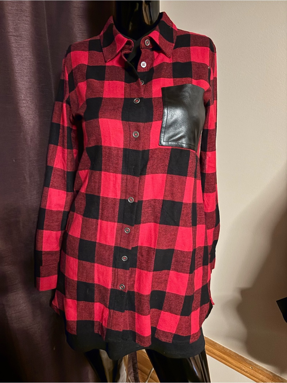 Soft Surroundings Red & Black Buffalo Plaid Button-Front Tunic Shirt